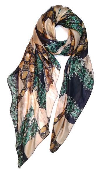 Scarf 100% Silk Paj Festive Colorful Dark Green Black Braun